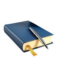 Closed Dark Blue Hardcover Book with Yellow Ribbon and Silver Fountain Pen &ndash; Scholarly Writing and Reading Symbol &ndash; White Background