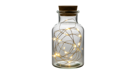 Warm fairy lights glowing inside a glass jar with cork stopper, creating a cozy and magical ambiance for event decorations and creative design projects