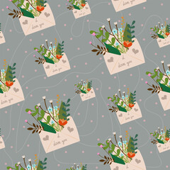 Soft gray seamless pattern with floral envelopes – elegant botanical design background