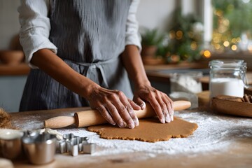 Baker rolling out raw gingerbread dough on a wooden kitchen table