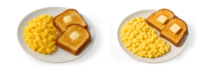 Scrambled Eggs with Buttered Toast on White Plate Isolated on Transparent Background