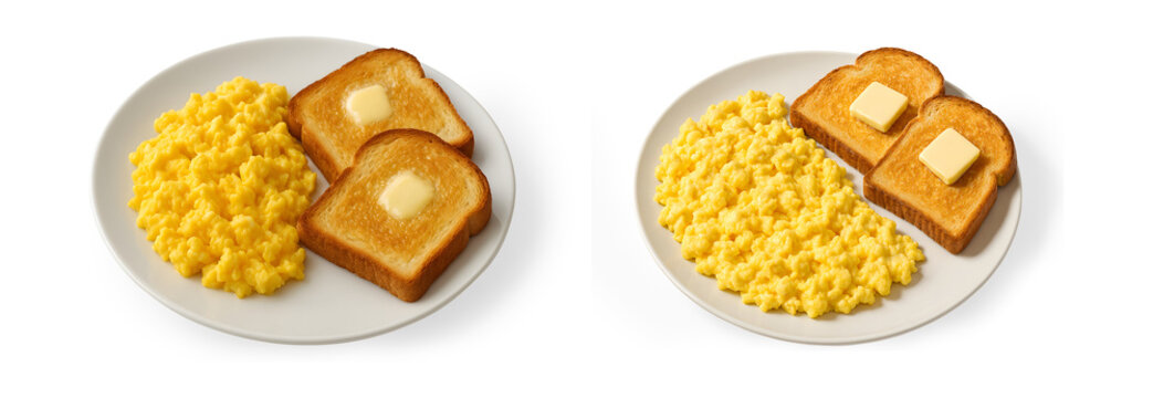 Scrambled Eggs with Buttered Toast on White Plate Isolated on Transparent Background - Powered by Adobe