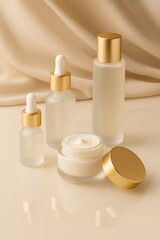 Luxury Skincare Collection with Serum, Toner, and Cream on Elegant Beige Background