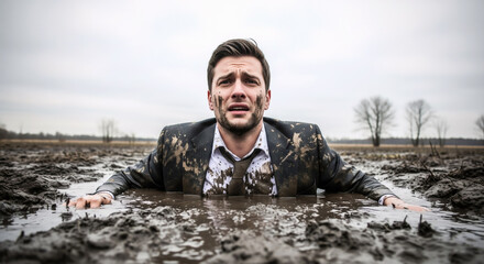 Businessman Stuck in Mud, Slow Progress and Stagnation in Business