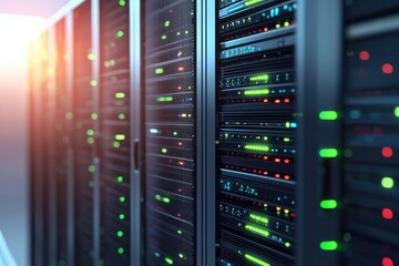Naklejka premium Modern IT data center with glowing green and red server indicators and warm lighting representing advanced cloud infrastructure, data management, and digital computing technology