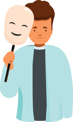 Sad man holding a happy mask, hiding his true feelings and emotions, fake smile, hiding sadness, depression, mental health concept