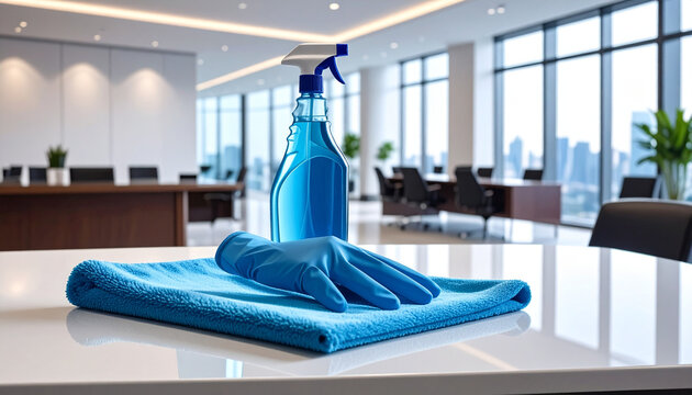Blue cleaning spray bottle, rubber gloves, and microfiber cloth on glossy office desk, modern luxury workspace background, bright natural light, cleanliness and freshness concept