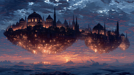 Futuristic Sky City Above the Clouds with Glowing Bridges and Cinematic Twilight Light