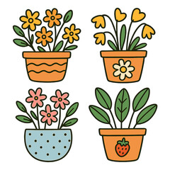 Groovy retro style collection of blooming flowers and foliage plants in decorative pots