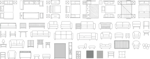Top view furniture symbols, interior design elements, architectural layout icons, room planning reference, vector furniture set, space arrangement guide, home decor illustration