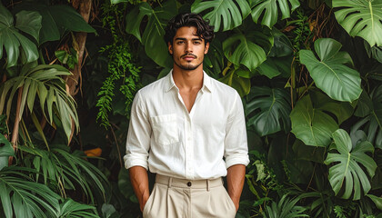 Minimalist eco fashion model wearing organic cotton shirt and linen pants stands confidently in front of lush green tropical leaves, exuding calm and natural elegance