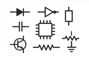 Fototapeta na wymiar Basic electronic circuit component symbols set including diode capacitor resistor and chip