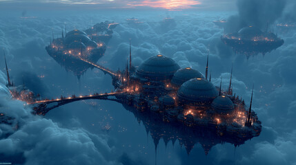 Futuristic Sky City Above the Clouds with Glowing Bridges and Cinematic Twilight Light