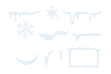 Assortment of fluffy white snowdrifts, hanging snow caps, icy borders, and crystal blue snowflakes