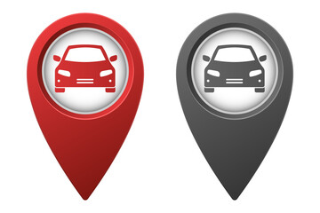 Active red and inactive gray map pointer or marker with car icon