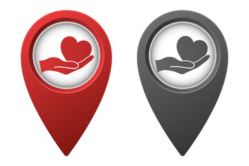 Active red and inactive gray map pointer or marker with heart in hand icon