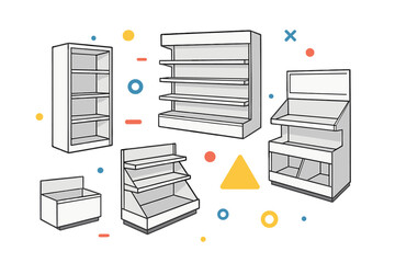 Empty supermarket and retail store shelving units, display racks, and product stands © icon_art