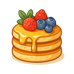 Stack of golden brown pancakes covered in dripping maple syrup, fresh strawberries, and ripe blueberries