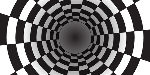 Chess perspective room background. Black and white chess board perspective room texture. Chess board pattern surface. Fading and disappearing chess board background. Abstract vector illustration.Print