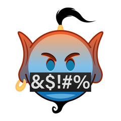 Blue red genie cartoon emoji with evil face and hidden mouth symbols
