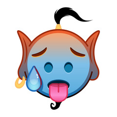 Blue red genie cartoon emoji with sweaty face and tongue