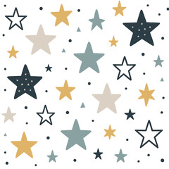 Abstract celestial background with scattered stars in muted blue, yellow, and beige tones