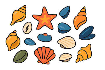 Vibrant collection of ocean seashells, spiral shells, clams, mussels, and a starfish