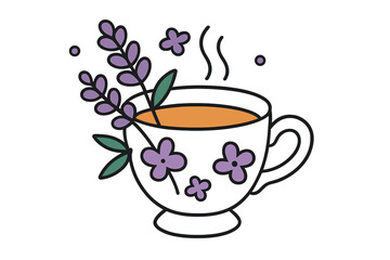 Steaming cup of herbal tea with lavender sprig and purple floral decoration