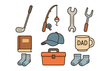 Collection of items representing dad hobbies, gifts, tools, sports, and apparel