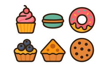Colorful collection of sweet dessert icons including cupcake donut and macaron