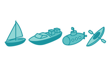 Set of water transportation icons including sailboat, cargo boat, submarine, and kayak