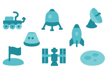 Flat style icons of space exploration vehicles, rockets, satellite, and planetary objects © icon_art