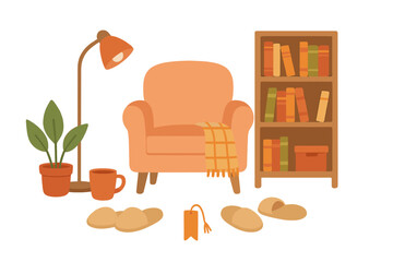 Cozy home interior scene with armchair, wooden bookshelf, and warm lighting