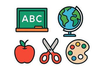 Colorful collection of essential school supplies and learning objects