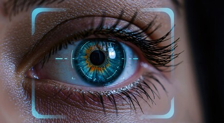 Close up of a woman eye with digital scan. Biometric security scan for iris recognition and eye tracking. Cyber security and authentication concept.