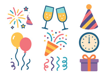 Festive holiday and New Year symbols featuring balloons, clock, gift, champagne, and party accessories