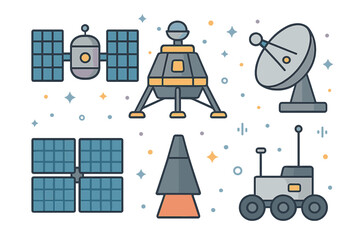 Space technology icons featuring satellite lander rover and communication dish elements © icon_art