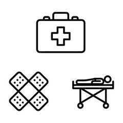 First Aid Icon Set Kit Bandage Stretcher Outline Vector