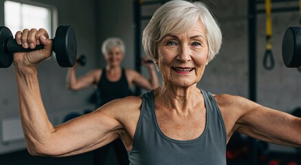 Happy senior woman lifting dumbbell during fitness training lesson at gym. Healthy lifestyle and aging gracefully concept for retirement planning.