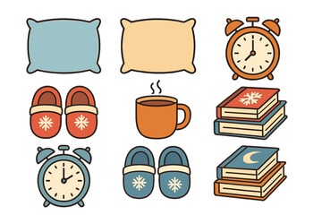 Collection of cozy morning and bedtime essentials including pillows slippers clocks books and hot drink mug