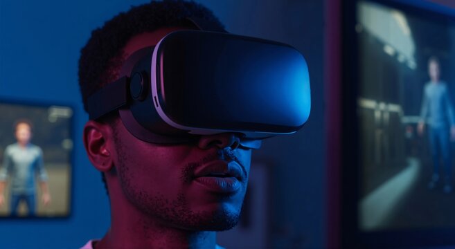 African american man in virtual reality headset with an open mouth experiencing metaverse. Immersive gaming or simulation.
