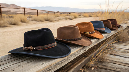 A curated collection of five cowboy hats arranged in a staggered row on a weathered wooden surface—each hat distinct in color, material, and style.
