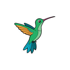 A charming cartoon illustration of a vibrant green hummingbird with orange and blue wings in flight against a black background