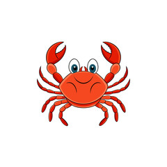 Cute cartoon red crab with big blue eyes and pincers raised on a black background