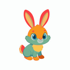 Adorable cartoon bunny with big blue eyes and colorful ears sitting on a white background