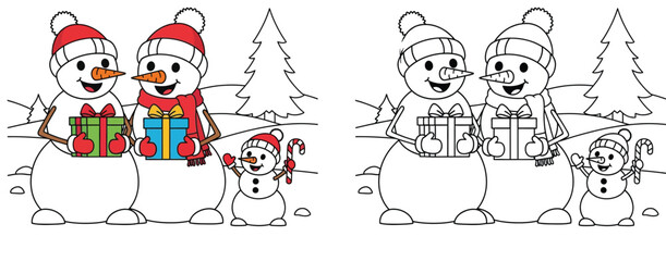 Happy Snowman Family with Gifts and Candy Cane in a Winter Landscape - Festive Holiday Cartoon Illustration