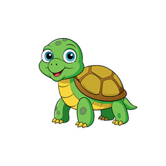 Adorable cartoon baby turtle with big blue eyes and a friendly smile on a black background