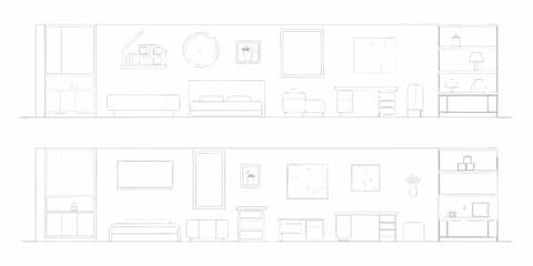 Interior design elements collection featuring furniture and decor in a clean line art style