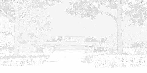 Serene minimalist park scene with stone steps and trees in a grayscale artistic rendering
