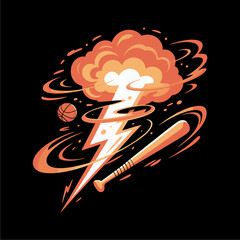 Stylized illustration of a baseball bat, basketball, lightning bolt, and cloud explosion with swirling orange energy trails on a black background.